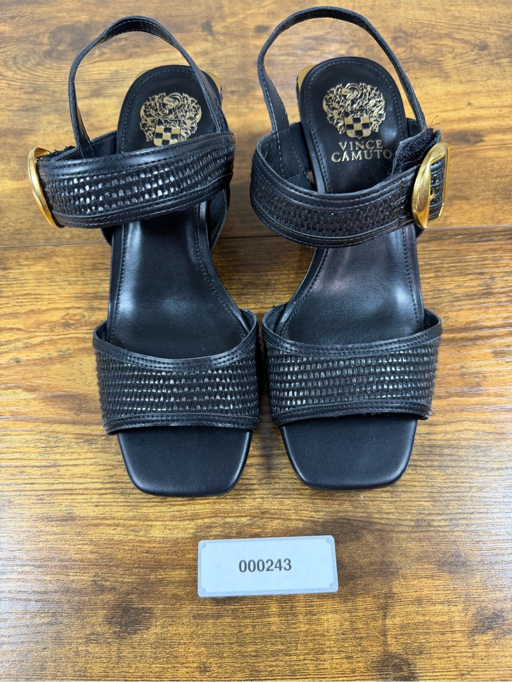 Vince Camuto Womens 7W Black Wedge Sandals Gold Buckle Woven Strappy Heels